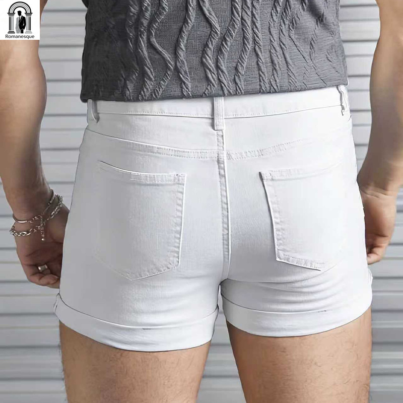 남성용 섹시 슬림핏 화이트 데님 반바지, 롤업 커프스, - Men'S Accessories For Jeans 리뷰 및 가격